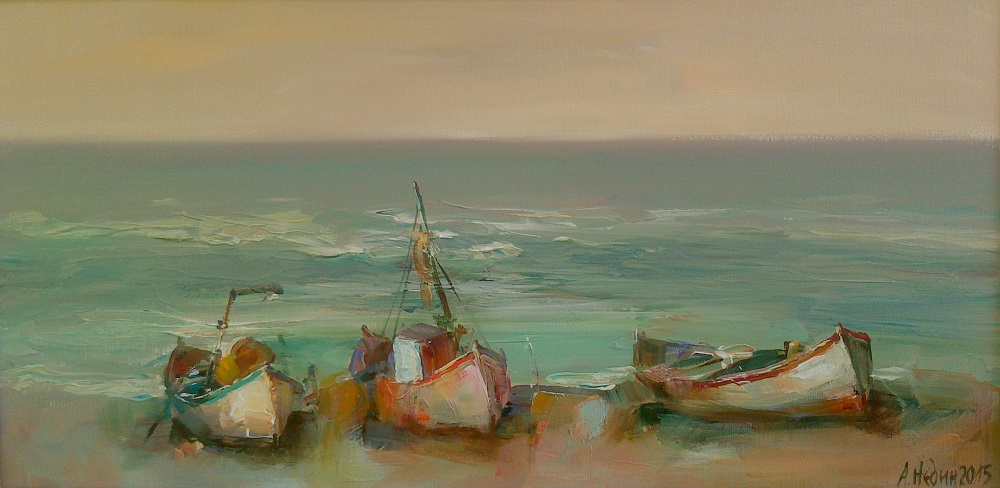 Три Лодки на Брега на Морето Живопис,Картина с маслени Бои Ангелина Недин