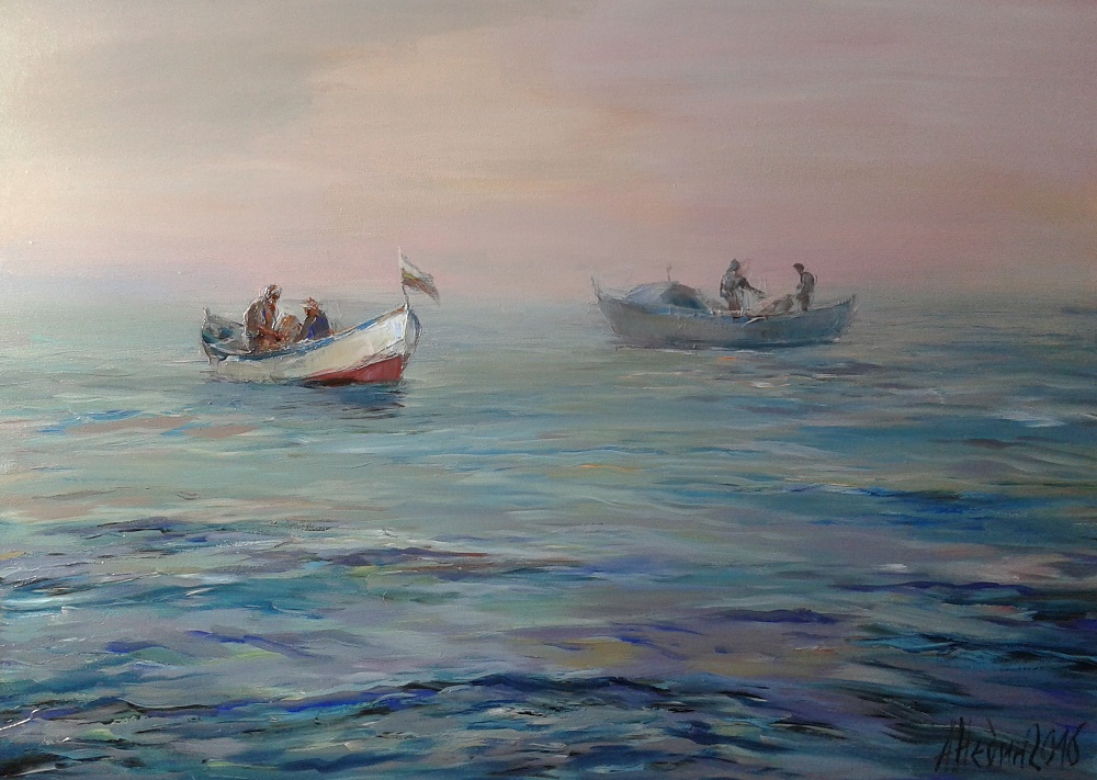 Риболовни Лодки в Морето,Морски Пейзаж ,Живопис,Картина с Маслени Бои Ангелина Недин