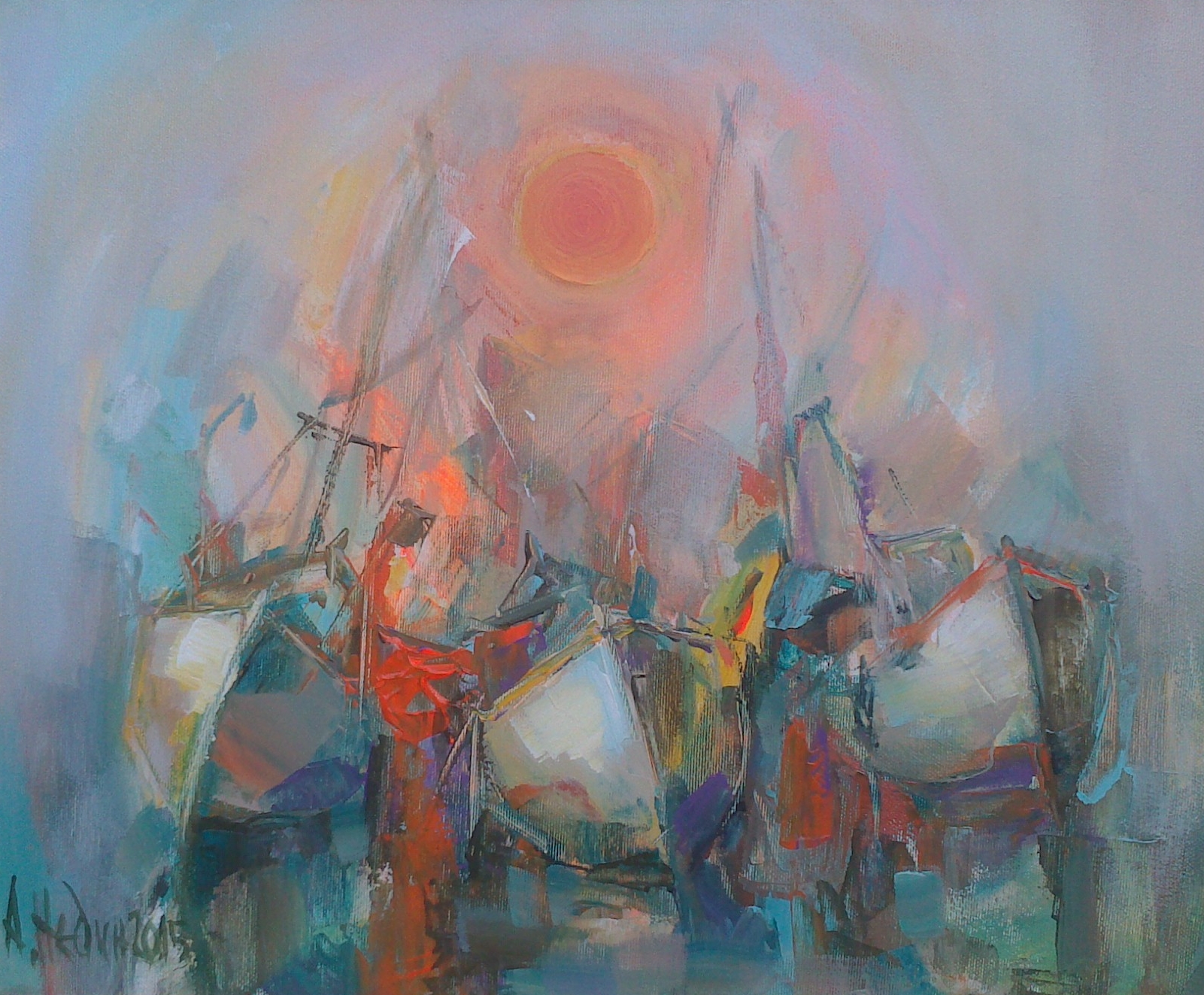 Sunset with Boats Painting Angelina Nedin