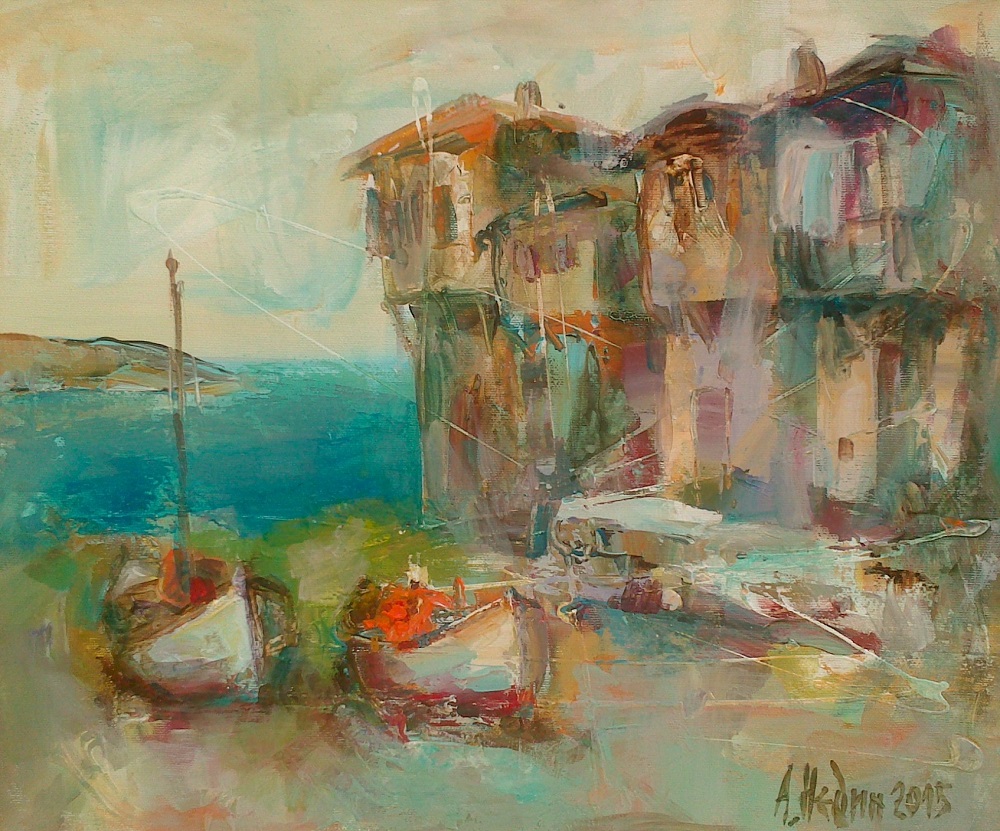 Marine Landscape With Boats Painting Angelina Nedin