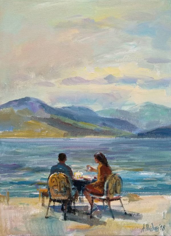 "Morning Near Ohrid Lake" Figurative Composition Painting Angelina Nedin 2018