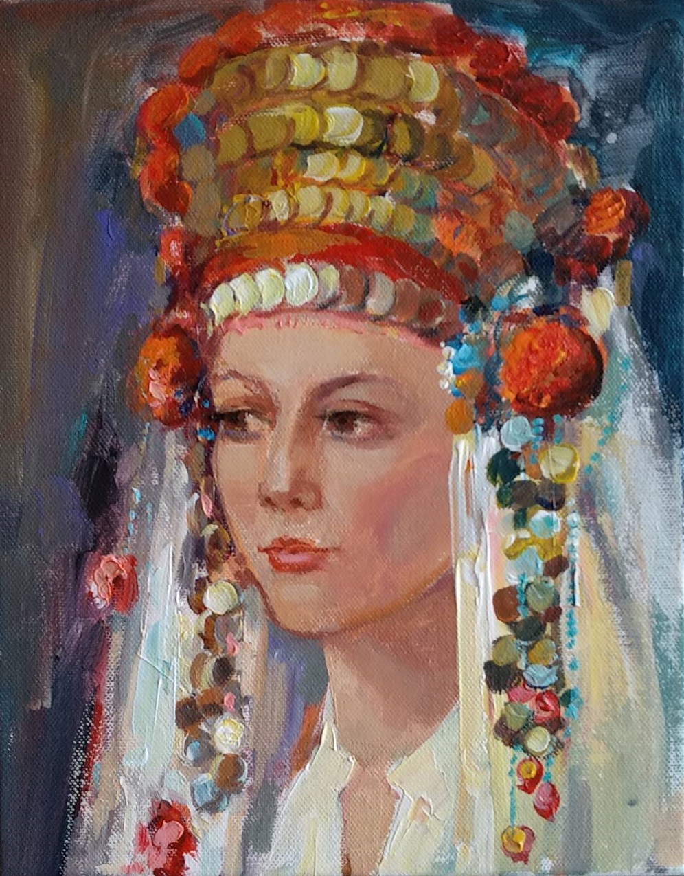"Portrait of a Girl with Bulgarian Costume" Painting Angelina Nedin