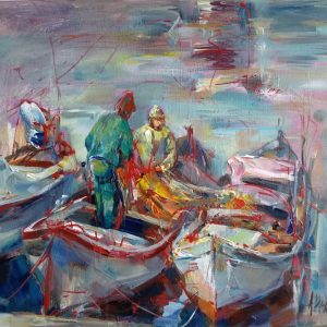 "Fishing Memories "Painting Figurative Composition Angelina Nedin 2018